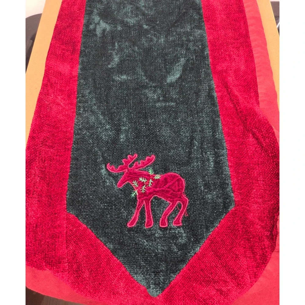 Vintage Christmas Chenille Table Runner Red Green Embroidered Moose Tassel